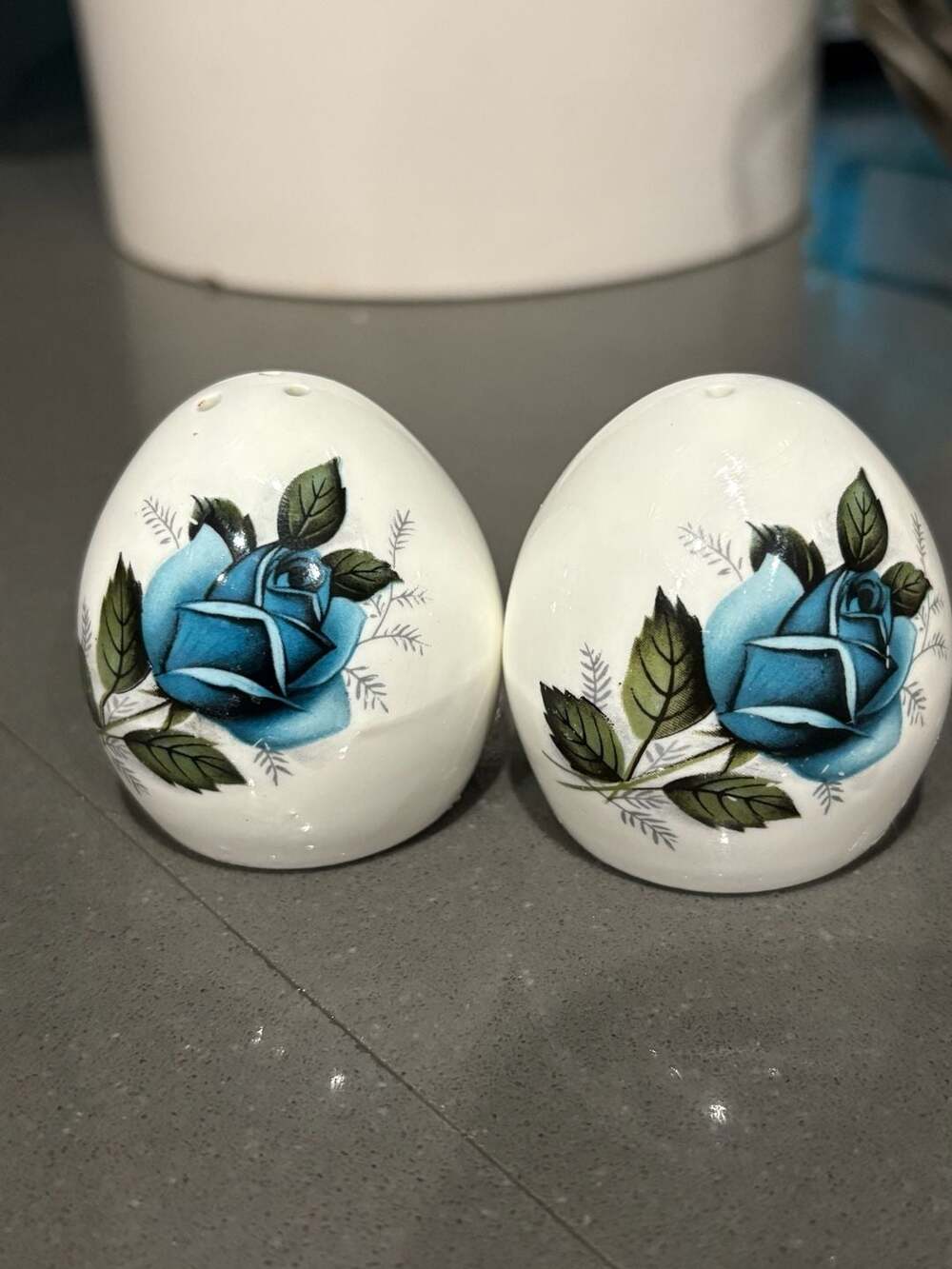 Vintage Sandford Fine Bone China Egg Shaped Salt and Pepper Shakers Blue Roses
